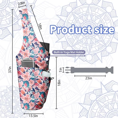 Yoga Bag for Women, Large Yoga Mat Bag Tote Carrier with Wet Dry Pocket | Water Bottle Holder & Adjustable Strap, Fits 1/2" Thick Yoga Mat for Gym, Pilates, Travel, Work - color: Pink Flower