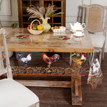 Clear Table Cover Protector Rooster Vinyl Table Cloth, 60"x84" | Dining Room, Kitchen Meals, Tabletop Protection, Easy Cleanup, Brunch, Parties, Holiday Gatherings, Everyday Use - color: Roosters, size: 60" x 84" (Rectangular)