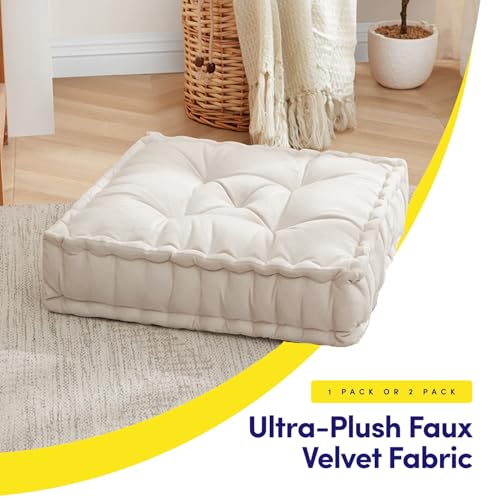 Floor Pillow Large Square Tufted Decorative Cushion 20" x 20" Faux Velvet Fabric Ultra Thick Fill for Kids and Adults, 2 Pack, Ivory - color: Ivory, size: 2 Pack