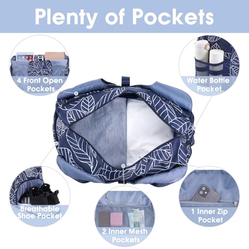Sportsnew Tote Yoga Mat Gym Bag 20L Women W/Shoe Compartment Wet Dry Pocket | Water-Resistant Gym Tote - Mat Strap, Ventilated Shoe Bin, Wet Pocket, Padded Handle, Multi Pockets, Side Mesh & Key Clip - color: Navy Blue Leaf