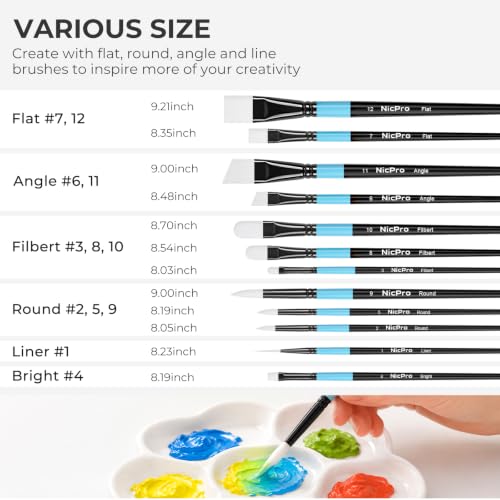 Nicpro 12pcs Artist Paint Brush Set, Paint Brushes for Acrylic Painting | Firm Synthetic Bristle Paintbrushes with Flat Round Filbert Angle Bright Liner for Oil Gouache, Tempera, Craft, Model, Fabric - color: Black-blue