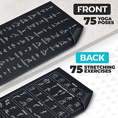 Instructional Yoga Mat with Carrying Strap: Cute Yoga Mat with 75 Illustrated Yoga Poses + 75 Easily-Followed Stretching Exercises - 1/4” Thick, Non-Toxic, Non-Slip Yoga Mats for Women and Men - color: Jet Black (68" x 24")