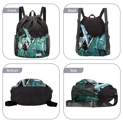 Waterproof Drawstring Backpack Sports Gym Sackpack with Mesh Pockets Water-Resistant String Cinch Beach Bag for Men Women - color: Print - Black Leaves