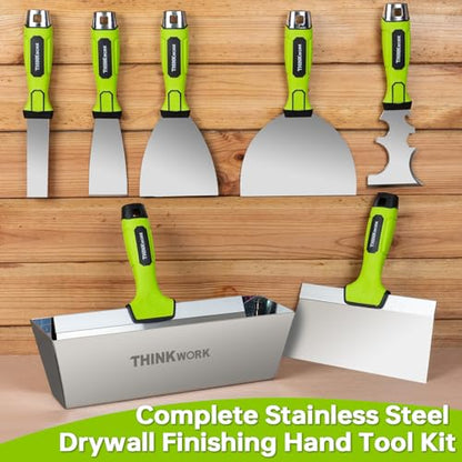 THINKWORK 8Pcs Drywall Tools, Drywall Knife Set with 10" Mud Pan | Stainless Steel Putty & Taping Knives, Painter Scraper, Spackle Tool Set for Joint Finishing & Patching, Soft Grip
