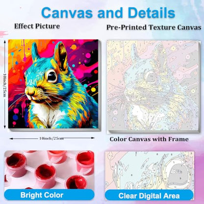 Artunion Framed Paint by Numbers Kit for Adults Beginners & Kids Ages 8-12,Colorful Squirrel Paint by Number with Frame,Animal Paint by Numbers Kit on Canvas 10 * 10 Inch Without Easel - color: ZXT-394-F