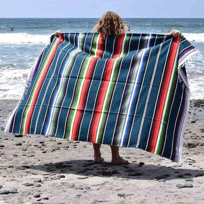 Open Road Goods Authentic Mexican Serape Blanket – 100% Cotton Falsa Throw - Multi-Color Handmade Blanket/Classic Striped Falsa Beach Blanket (Blue) - color: Blue