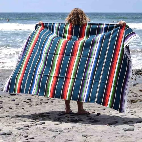 Open Road Goods Authentic Mexican Serape Blanket – 100% Cotton Falsa Throw - Multi-Color Handmade Blanket/Classic Striped Falsa Beach Blanket (Blue) - color: Blue