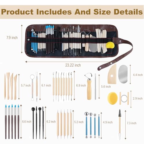 CeeVian Pottery Sculpting Tools Set 40PCS Clay Carving Tools | with Stainless Steel,Wooden Clay Carving Tools,Ball Stylus, Rubber Tip Shapers,Sponge & Storage Bag for Ceramic,Polymer Clay - color: Wood-40PCS