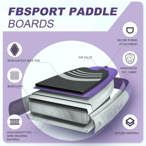 FBSPORT 11' Premium Stand Up Paddle Board, Yoga Board with SUP Accessories & Carry Bag | Wide Stance, Surf Control, Non-Slip Deck, Leash, Paddle and Pump for Youth & Adult - color: Purple