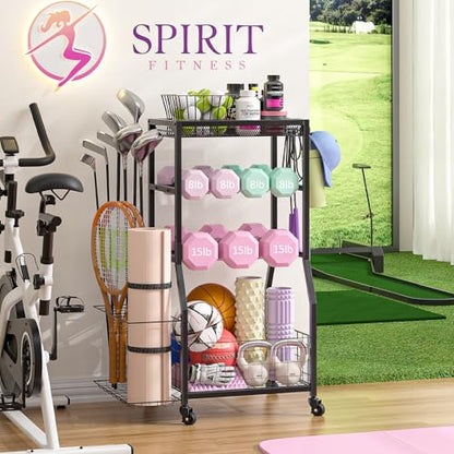 Home Gym Storage Rack, Dumbbell Rack with Yoga Mat Storage, Weight Rack Stand with Lockable Wheels and Hooks, Home Workout Equipment Organizer for Yoga, Dumbbell, Kettlebells, Ball Storage - size: Small