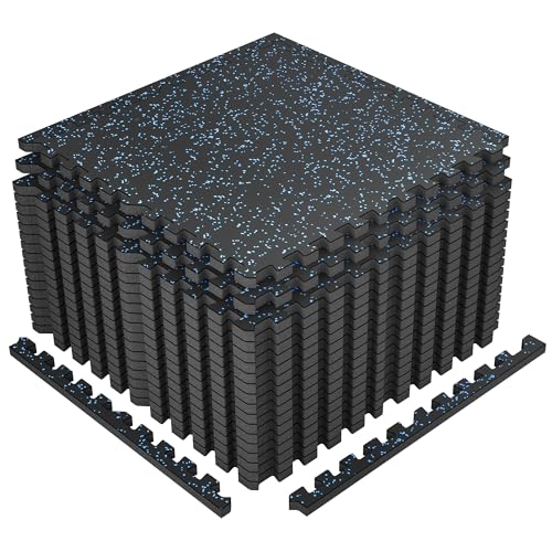 SUPERJARE 1" Extra-Thick Rubber Top Exercise Mat, Gym Flooring for Home Gym | Puzzle Gym Mat for Workout Equipment, Interlocking Floor Tiles with EVA Foam, 18 Pcs 72 Sq Ft, Black/Blue - size: 18 Tiles (72 Sq Ft)
