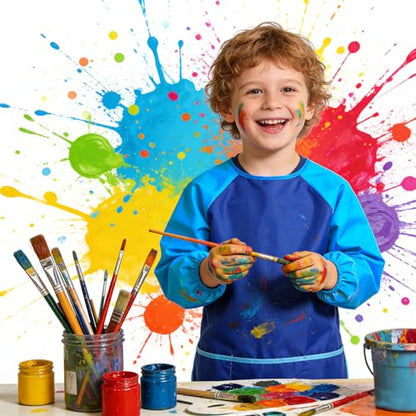 2 Pack Kids Art Smock Waterproof with Long Sleeve and 3 Roomy Pockets Artist Children Aprons for Toddlers Age 3-8 Painting Crafts（Yellow+Blue） - color: 2 Pack Yellow+blue