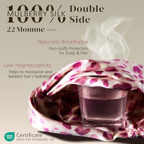 ZIMASILK 22 Momme 100% Pure Silk Bonnet for Sleeping, Leopard Pink/Purple - color: Leopard - Pink/Purple
