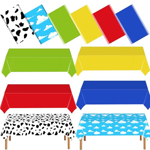 6 Pack Blue Sky and White Cloud Cow Printed Plastic Tablecloth | Cartoon Story Disposable Table Cloth Rectangle Waterproof Table Cover for Baby Shower Party Decorations, 54 x 108 Inch - color: Red Green Yellow