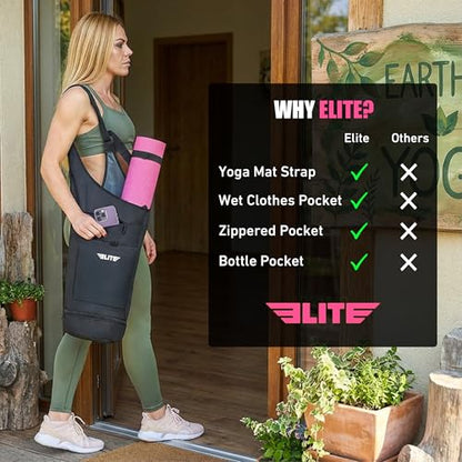 Elite Yoga Mat Bag for Women & Men, Yoga Gym Bag with Wet Pocket, Bottle & Zipper Pockets, Yoga Workout Essentials Carrier Yoga Bag with Mat Straps, Adjustable Shoulder Straps Carry on Sports Bag