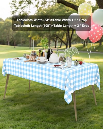 Smiry 8 Packs Gingham Disposable Table Cloth, 54 x 108 Inch Waterproof Plastic Tablecloth, Rectangle Baby Blue and White Checkered Table Covers for Picnic, Birthday, Party - color: Baby Blue and White, size: 54"x108" (Pack of 8)