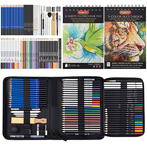 PANDAFLY 80 Drawing Set Sketching Kit, Art Supplies with 3-Color Sketchbook | Watercolor Paper, Include Tutorial, Colored, Graphite, Charcoal, Watercolor & Metallic Pencil, for Beginners & Pro Artists