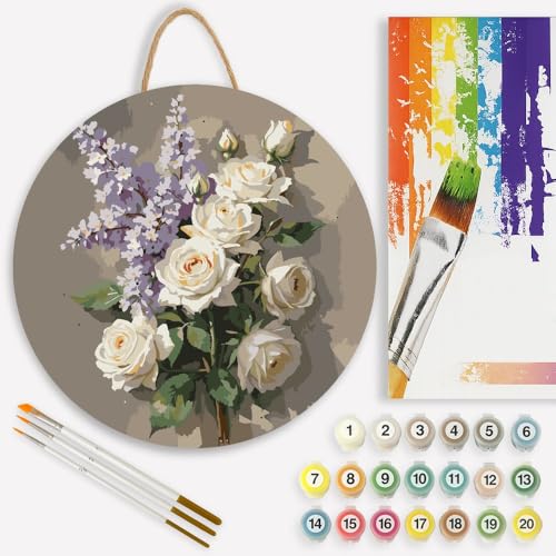 Floral Still Life Paint by Numbers Kit for Adults on Wood Board – DIY White Roses and Lilacs Bouquet Wood Craft Painting Kit, 12 in Round, Acrylic Paint Set, Beginner-Friendly,Relaxing Home Decor Gift - color: FM05147
