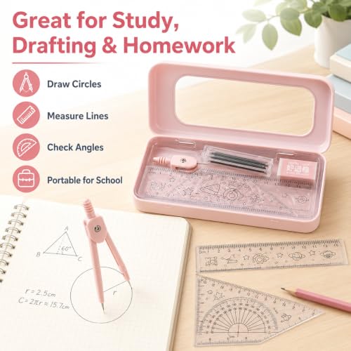 7Pcs Pink Geometry Math Drawing Set with Compass, Protractor, Rulers, Drafting Tools in Portable Box for Students