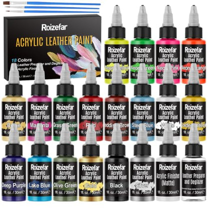 Acrylic Leather Paint, 18 Colors with Deglazer & Finisher | All-in-One Kit, Flexible & Waterproof Leather Dye for Shoes, Bags, Jackets, Sneakers, Couches, Car Seats, Sofa,1 fl oz Each
