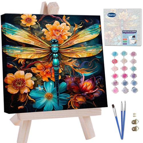 Blissroot Framed Paint by Numbers Kit for Adults Beginner&Kids Ages 8-12, 12x12inch Dragonfly Paint by Numbers with Frame, Large Flower Dragonflies Paint by Number Framed Canvas (Without Easel) - color: BR020F, size: 12"x12"