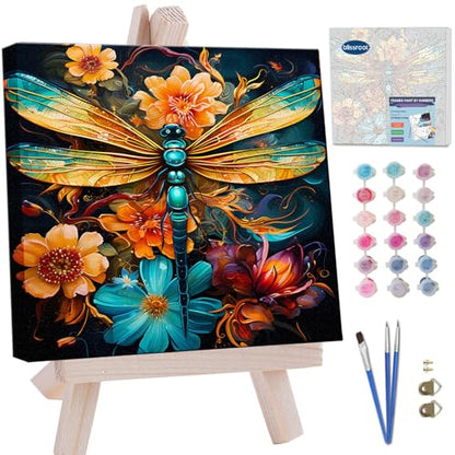 Blissroot Framed Paint by Numbers Kit for Adults Beginner&Kids Ages 8-12, 12x12inch Dragonfly Paint by Numbers with Frame, Large Flower Dragonflies Paint by Number Framed Canvas (Without Easel) - color: BR020F, size: 12"x12"