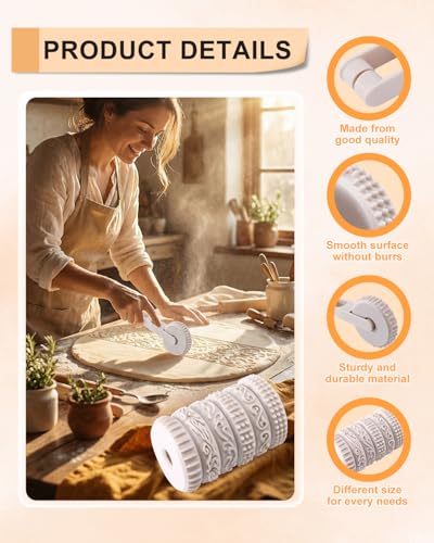 eZAKKA 6pcs Clay Texture Rollers with Handle,Pottery Ceramic Pattern Wheels | Smooth Deburred Patterning Stamps for Dough, Baking & Crafting DIY Embossing Kit - size: 6+1