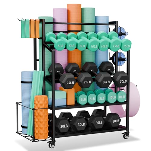 Dumbbell Rack Weight Stand - Adjustable Weight Rack for Dumbbells, Home Gym Storage Rack for Yoga Mat Foam Roller Kettlebells, Workout Equipment Storage Organizer With Wheels