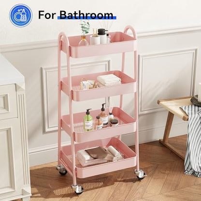 OLIXIS Metal 4 Tiers Rolling Storage Utility Cart with Lockable Wheels - color: Pink, size: 4-Tiered 18 inches