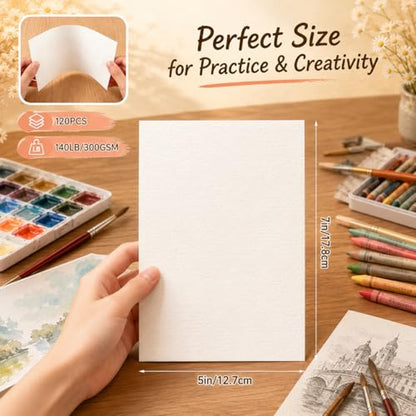 Fyess 120 Sheets Watercolor Paper Bulk, 5x7 Inch Cold Press Watercolor Paper, 140lb/300 GSM Textured Art Paper for Beginners, Students, Hobby Painting & DIY Crafts