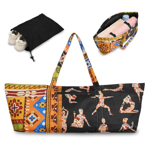 Yoga Mat Bag Yoga Tote Bag with Large Waterproof Zipper Pocket and Drawstring Pocket Yoga Mat Bag Carrier Fit Most Size Mats and All You Stuff - color: black yellow orange