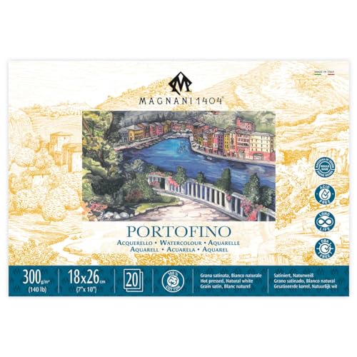 Magnani 1404 Portofino Hot Press 100% Cotton Watercolor Paper Block, 20 Sheets, 7x10, 140 lb, Acid-Free, UV Resistant, Vegan Sized Water Color Paper for Artists, Made in Italy - size: 7x10" Block
