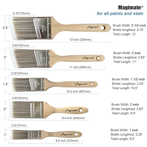 Magimate Wood Paint Brush Set, Angled Flat Assorted Stain Brushes Pack of 5 | Variety paint brushes 1.5" 2" 2.5" angled + 1" 2" flat; for baseboards fence window frame cabinet wood stain & wall touch-ups