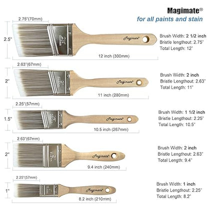 Magimate Wood Paint Brush Set, Angled Flat Assorted Stain Brushes Pack of 5 | Variety paint brushes 1.5" 2" 2.5" angled + 1" 2" flat; for baseboards fence window frame cabinet wood stain & wall touch-ups