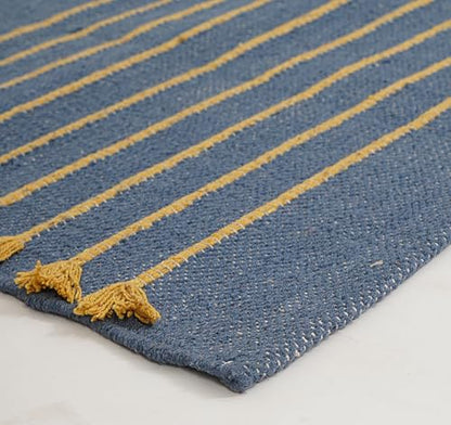 Indian Handmade 100% Organic Cotton Yoga Mat, Hand Woven Rug, Yoga Mat For Everyday Fitness at Home Comfortable Foldable Long Mat - color: Blue Yellow