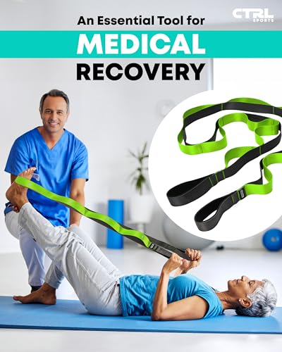 Stretching Strap with Loops - Non Elastic Yoga Strap for Physical Therapy - style: 12 Loops - Green