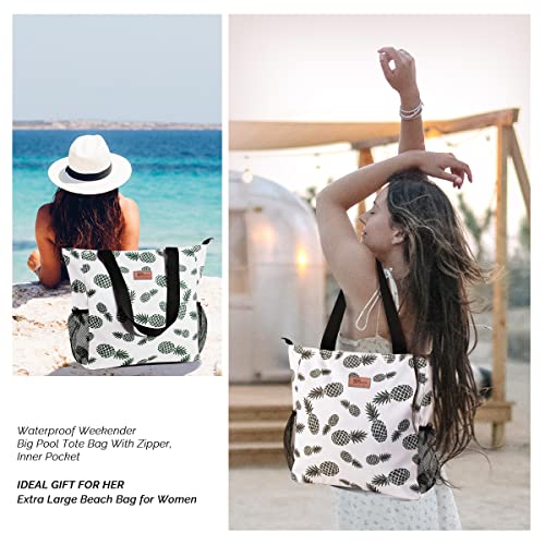 Buringer Large Waterproof Beach Bag for Women Sandproof Tote Bag with Zipper and Pockets Pool Bag for Travel Gym Vacation - color: Pineapple