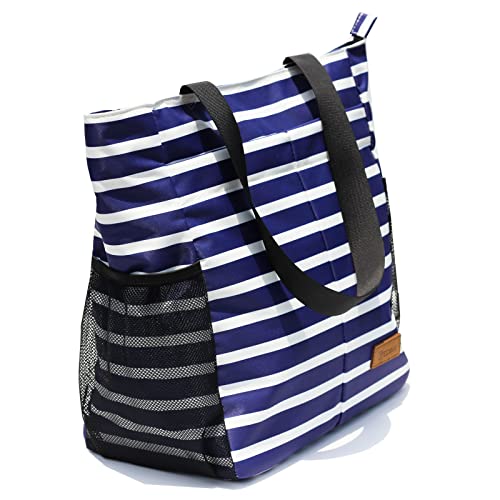 ESVAN Original Floral Tote Bag Large Shoulder Bag with Multi Pockets for Gym Travel Beach Daily Bags - color: Blue-white-flower