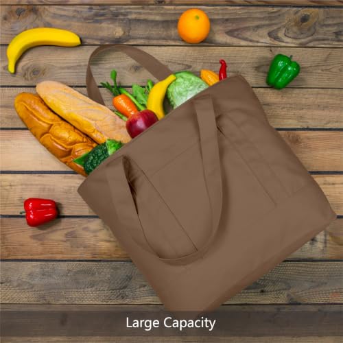 TOPDesign 1-Pack Canvas Tote Bag with an External Pocket, Reusable Grocery Shopping Bag, Top Zipper Closure, Daily Essentials (Brown) - color: Brown