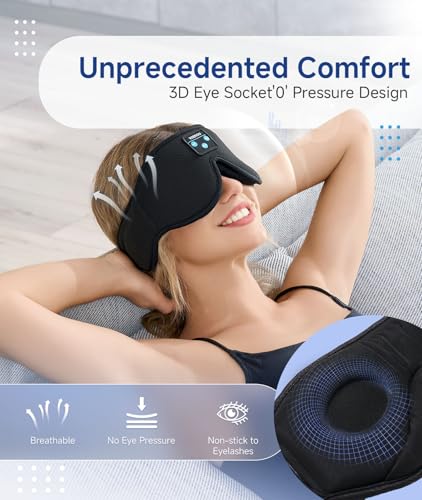 Voerou Sleep Headphones, 3D Bluetooth 5.4 Sleep Mask Wireless Eye Mask, Sleeping Mask with Bluetooth Headphones for Side Sleepers with Ultra-Thin Speakers, Perfect for Sleeping Travel Christmas Gifts - color: Light Black