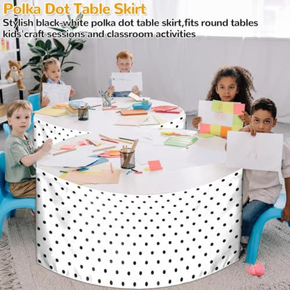 Wiooffen 9Ft Black and White Polka Dot Table Skirt Classroom Teacher Desk Curtain Skirts Tablecloth Rectangle Table Cover Skirt for Back to School Kindergarten Office Bookcase Supplies Painted Dot - style: Painted Dot