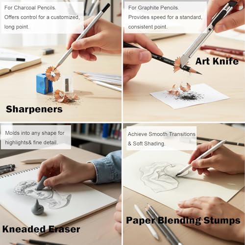 Drawing Sketching Pencil Set, 33 PCS Graphite and Charcoal Pencils with Blending Stumps, Erasers, Art Knife & Pencil Extender in Metal Box, Artist Sketching Supplies for Drawing & Shading - style: 33 Pcs