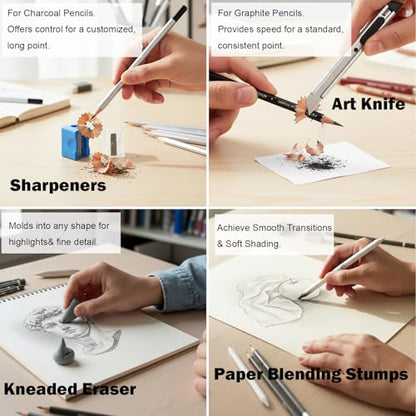 Drawing Sketching Pencil Set, 33 PCS Graphite and Charcoal Pencils with Blending Stumps, Erasers, Art Knife & Pencil Extender in Metal Box, Artist Sketching Supplies for Drawing & Shading - style: 33 Pcs