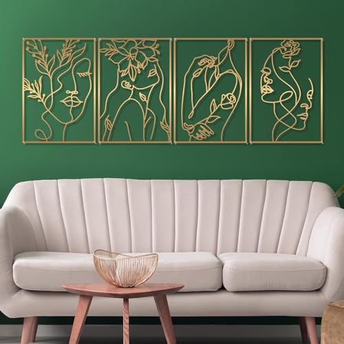 Glamativity 4 Pack Gold Wall Art Decor, Female Flower Face Lover Minimalist Décor Single Line Art Wall Décor, for Kitchen Bedroom Living Room (Gold Floral Lady Style, L Size 22.5x15.7'') - color: Gold Floral Lady Style, size: L Size 22.5 x 15.7''