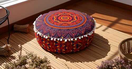INDIAN CRAFT CASTLE ICC Floor Pillows & Cushion Covers Decorative Hippie Mandala Pouf Pillow Covers Seating Meditation Cushion Cover Large Boho Ottoman Case Pillowcase Couch New Orange, 16" Round - color: New Orange, size: 16"D x 16"W x 5"H