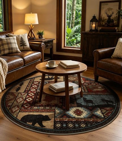 YIHOUSE Washable Rustic Cabin Round Rug, 4ft - color: Brown, size: 4' (Round)