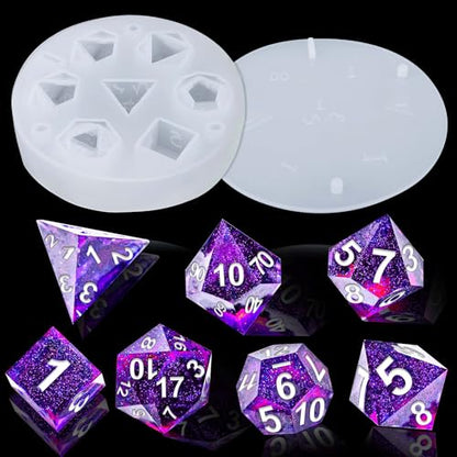 Juome Dice Resin Molds Silicone, DND Dice Silicone Molds for Epoxy Resin | Resin Mold with 7 Standard Stereoscopic Dice Cavities, Resin Mold for DIY Dices Making, Table Board Game Dice Lovers Gift