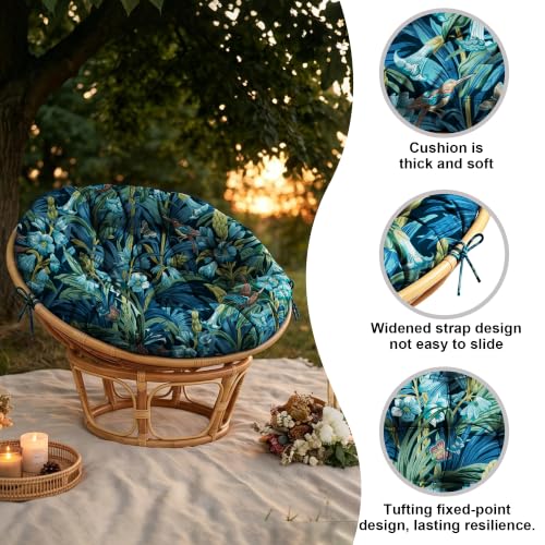 47" Round Tufted Floor Cushion, Thick Meditation Papasan with Ties - color: Blue Flower