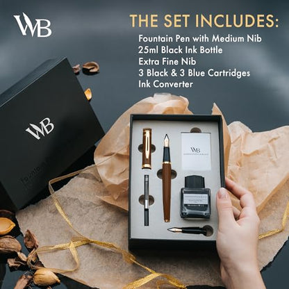 Wordsworth & Black Fountain Pen Gift Set, Medium & Extra Fine Nib, Brown | For Men & Women, Brass Body, 18K German Iridium, Ink Bottle + 6 Cartridges, Converter, Writing & Calligraphy, Journaling - color: Brown Gold