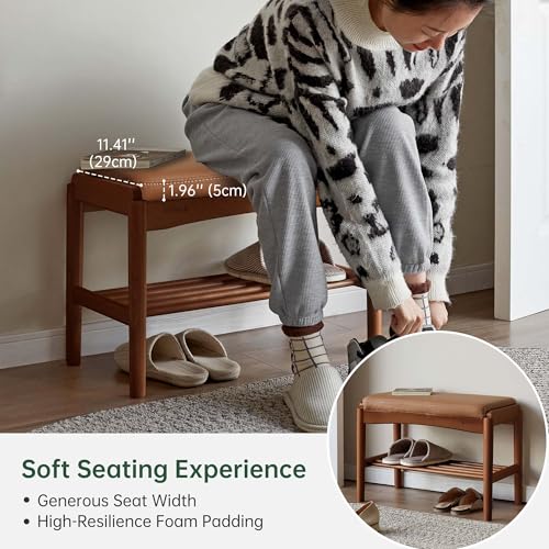Solid Wood Shoe Bench, 24 Inch Entryway Bench with Brown Leather Cushion - color: Walnut + Brown Leather Cushion, size: 23.62"